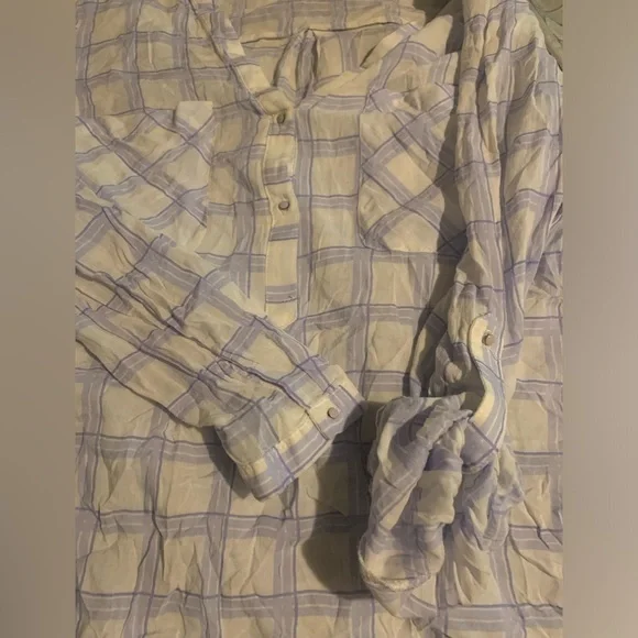 Zara XS Blue Plaid lightweight sheer cotton coquette style shirt dainty details - Picture 5 of 6